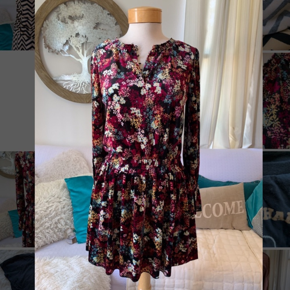 Velvet floral button up dress long sleeve